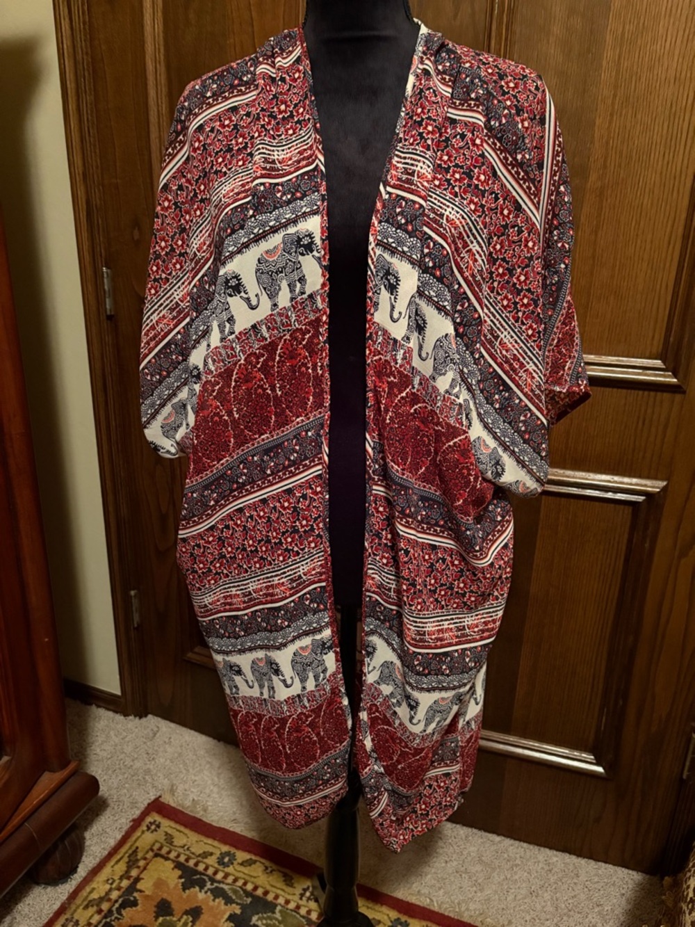 Boho Elephant Print Open Kimono - Red, Navy & Cream